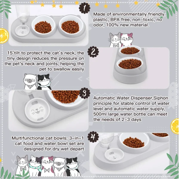 Plastic Raised Cat Food and Water Bowls, 3 in 1 Elevated Cat Feeder - Image 3