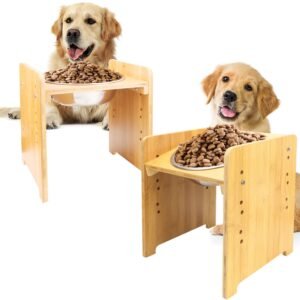 Set of 2 Raised Pet Bowls for Dogs and Cats - Bamboo