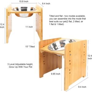 Set of 2 Raised Pet Bowls for Dogs and Cats - Bamboo